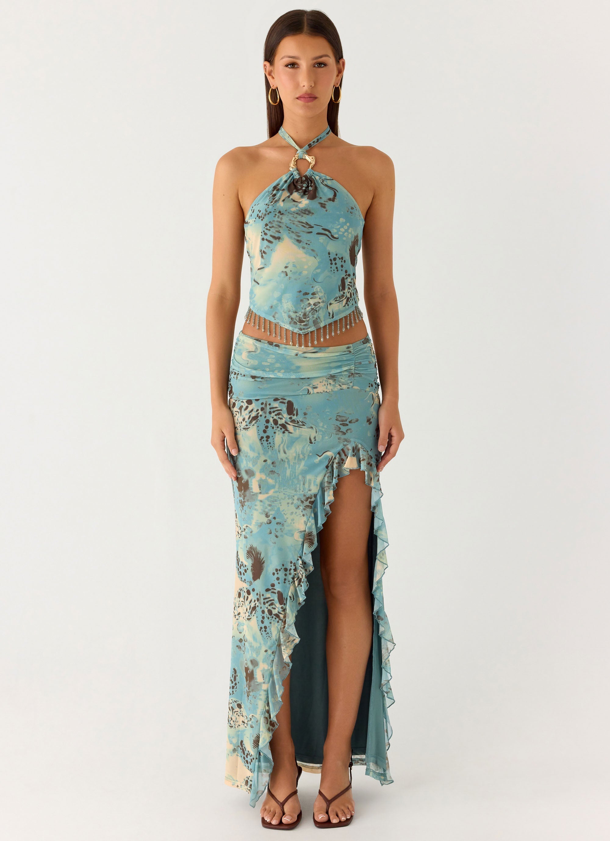 Lloyd Beaded Halter Top - Aqua Blur