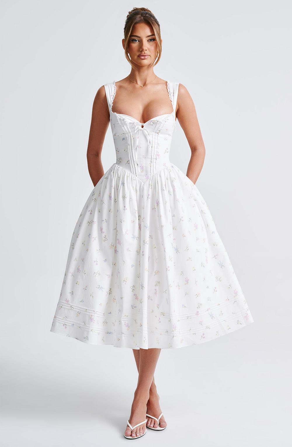Marlena Midi Dress - White Multi Floral Print Dress Babyboo Fashion Premium Exclusive Design